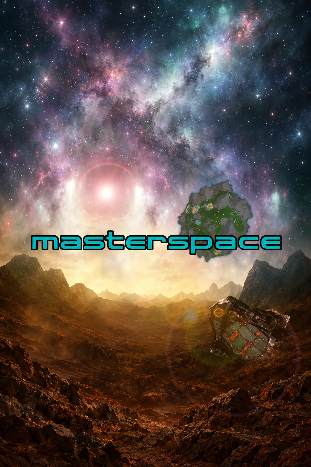 Masterspace's teal wordmark over an alien landscape, a distant planet and a damaged spacecraft.