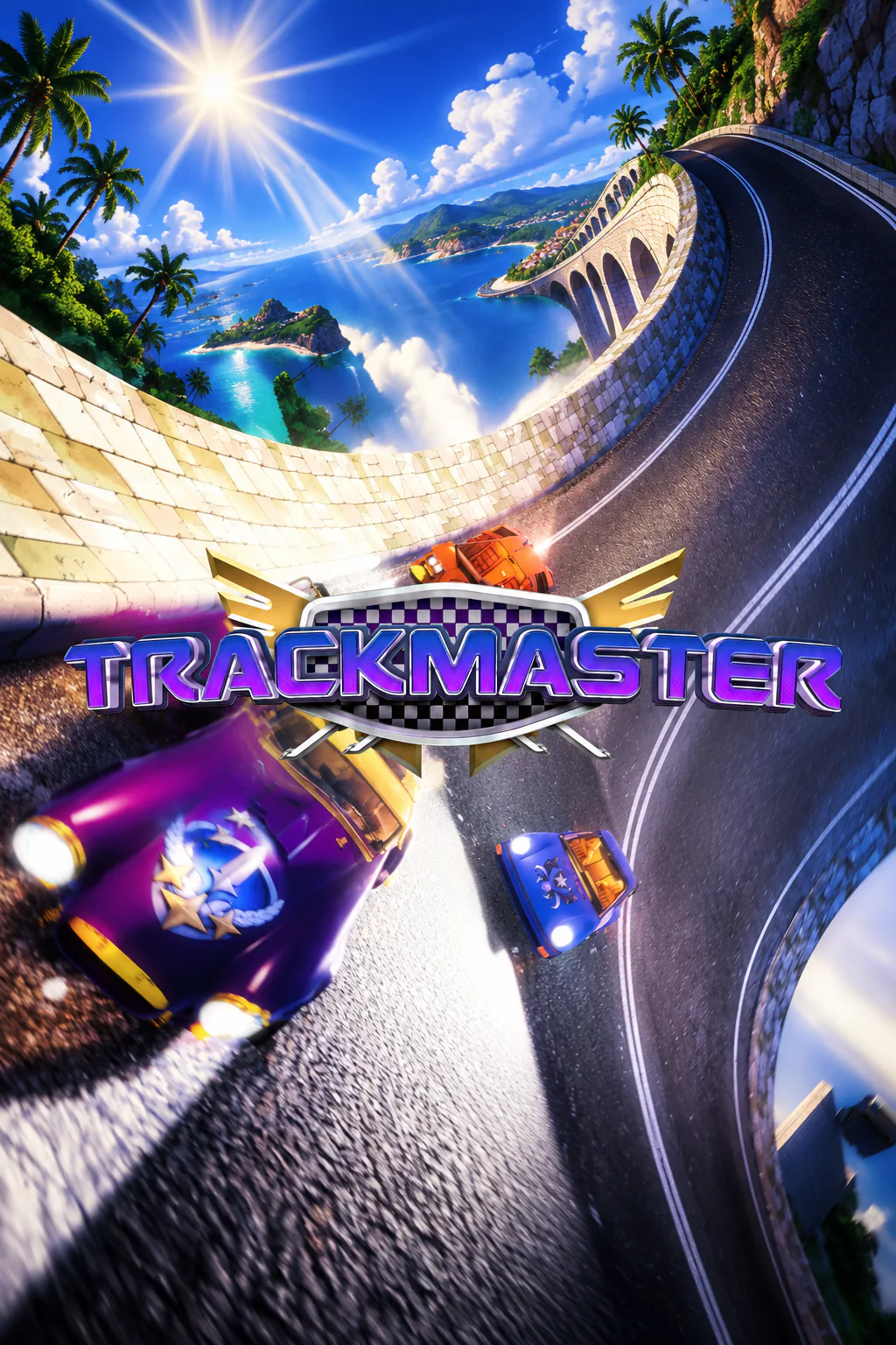 Trackmaster title artwork over an overhead race with colorful cars speeding around a curved track.